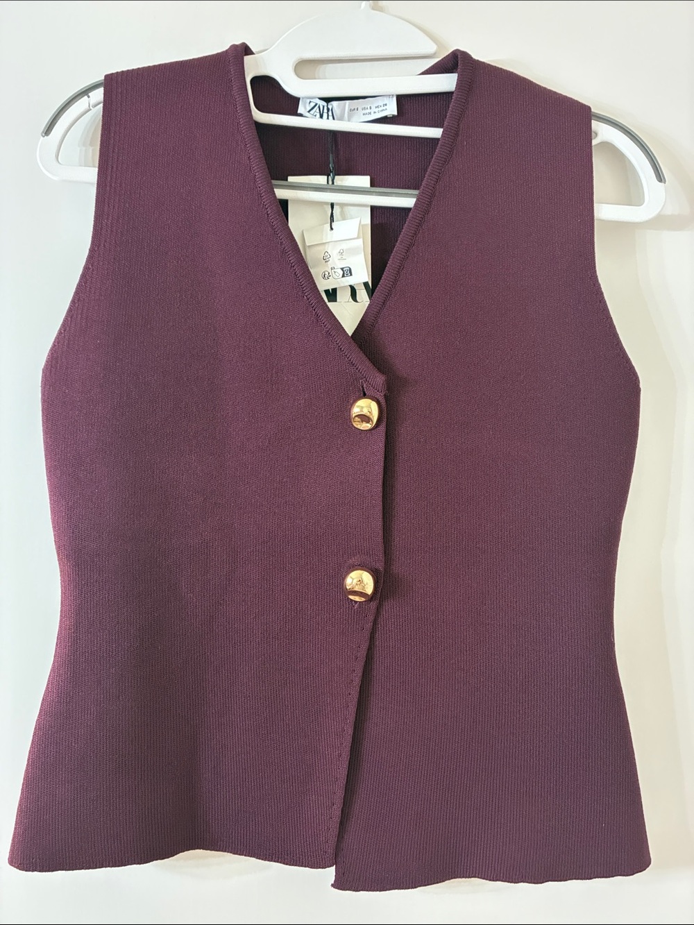 Zara Deep Berry Knit Button Vest with Gold Buttons